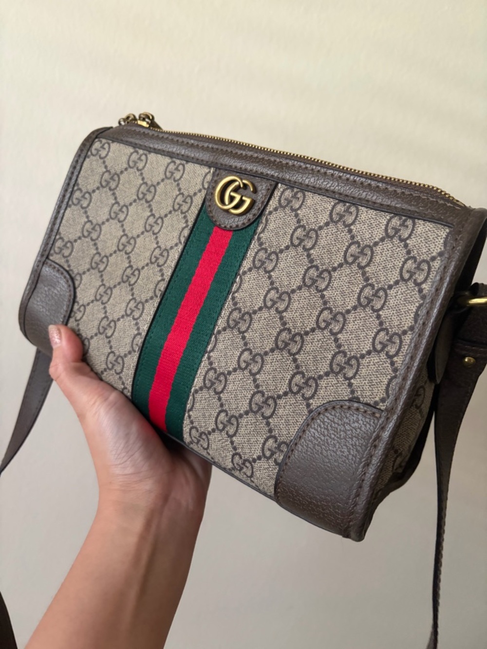 Brown Elegant Vintage Supreme Style Convertible Bag with Green & Red Web - Picture 3 of 13